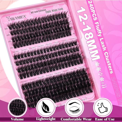 Yawamica Fluffier Eyelash Clusters Wispy Lash Extension 60D+80D+90D Thick Volume Individual Lashes 12-18mm Cluster Lashes D Curly Cluster Eyelash Extensions 240pcs DIY Lash by Self