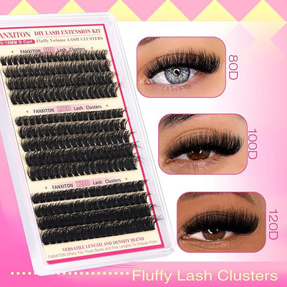 Lash Clusters Kit Thick Lash Extension Kit D Volume Lash Clusters 80D+100D+120D Eyelash Clusters Kit 10-18mm Eye Lash Clusters Wispy Individual Lashes with Bond and Seal