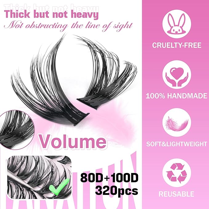DIY Lash Extension Kit Volume Thick Lash Clusters 80D+100D 320 pcs Individual Lashes D Eyelash Extension Kit Lash Bond and Seal and Tweezers for Lash Clusters Kit DIY at Home