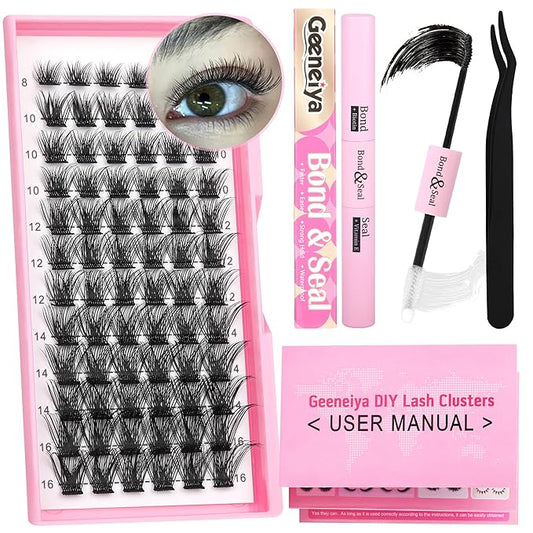 DIY Lash Extension Kit 8-16MM Clusters Eyelash Extension Kit Lashes Clusters with Waterproof Lash Bond and Seal Glue and Individual Eyelash Tweezers DIY at Home for Beginners
