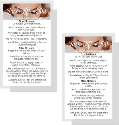 Lash Lift + Tint Aftercare Instruction Cards | 50 Pack | 2 x 3.5” inches Business Card Single Side | Eyelash Lift and Tint Kit at home diy aftercare supplies | White with Lash Photo Design