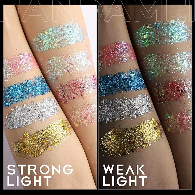 FANDAMEI Face Glitter, Body Glitter for Women, 2 Palette 8 Colors Glitter Gel for Face, Hair Glitter for Kids, Fairy Rave Mermaid Makeup