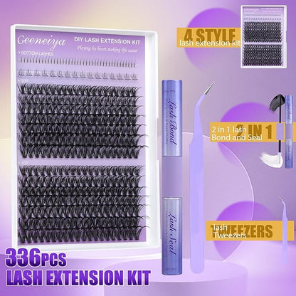 Geeneiya Bottom Lash Extension Kit Natural Cluster Eyelash Extension Kit DIY D Curl Lash Clusters Kit with Lash Bond and Seal Glue, Lash Applicator for Self Application at Home (30D+40D+BOTTOM)