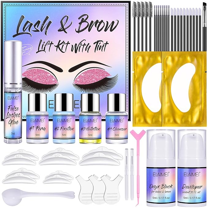 Lash Lift Kit, Brow Color Kit, Professional Eyelash and Eyebrow Perm Kit for Salon & Home Use, Natural Curling, Waterproof, Black, Lasts For 4-6 Weeks, Instruction Manual Include (SET A)