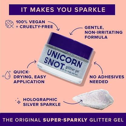 Unicorn Snot Face & Body Glitter - Cosmetic-Grade Holographic Glitter Gel - Makeup for Festivals, Raves, Anime Cosplay - Safe for Face, Easy Application & Removal, 1.7oz Silver (Disco)