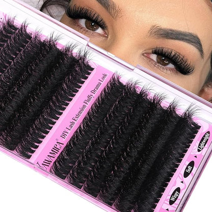 Yawamica Wispy Individual Lashes Clusters Fluffier Eyelash Extension 150D+200D Thick Volume Eyelash Clusters 14-20mm D Curly Clusters Lashes 240pcs DIY Lash Extension for Beginners
