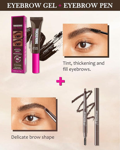 Waterproof Tinted Brow Gel Kit,1 Brown Tinted Eyebrow Mascara Gel & 1 Eyebrow Pencil Dark Brown, Brow Filler Lift Fast Sculpt Waterproof Eyebrow Gel Glue, Eye Brow Makeup with Brow Razor & Brush-Set 5