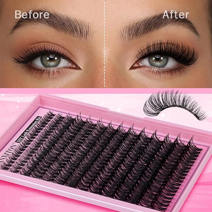 FANXITON DIY Lash Extension Kit 50D D Individual Lashes Lash Clusters Kit Cluster Lashes Lash Bond and Seal and Lash Tweezers for Lash Clusters Kit DIY at Home