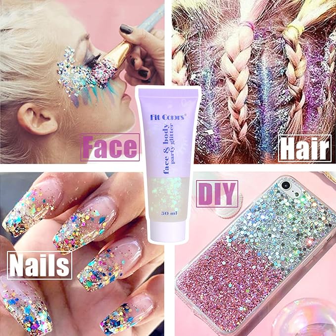 Face Glitter Gel, 2 Jars Holographic Chunky Glitter Makeup for Body, Hair, Face, Nail, Eyeshadow, Long Lasting and Waterproof Mermaid Sequins Liquid Glitter Total 6 Colors Available (Silver & White)