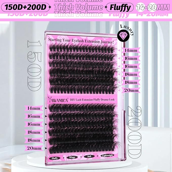 Yawamica Wispy Individual Lashes Clusters Fluffier Eyelash Extension 150D+200D Thick Volume Eyelash Clusters 14-20mm D Curly Clusters Lashes 240pcs DIY Lash Extension for Beginners