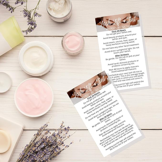 Lash Lift + Tint Aftercare Instruction Cards | 50 Pack | 2 x 3.5” inches Business Card Single Side | Eyelash Lift and Tint Kit at home diy aftercare supplies | White with Lash Photo Design