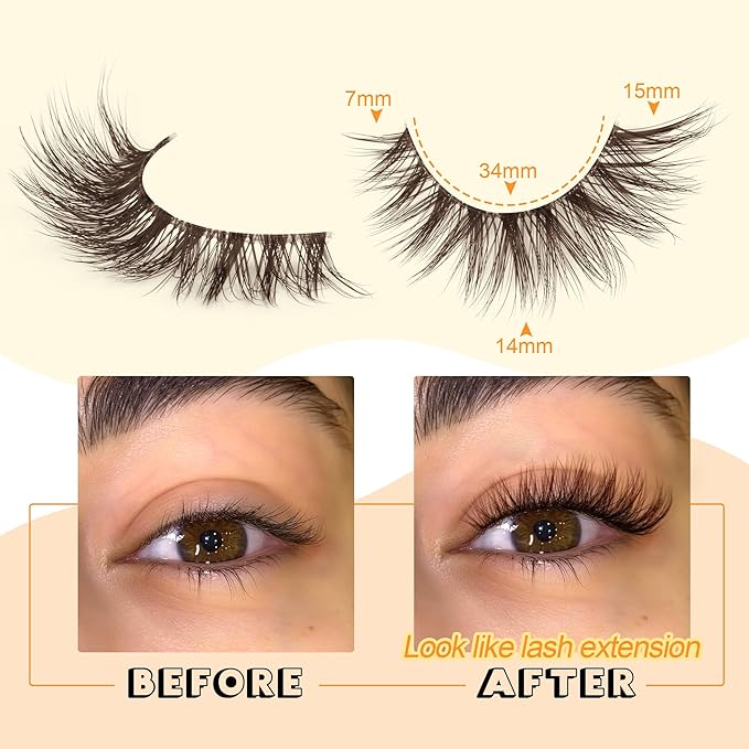 Brown Lashes Strip Natural Looking Cat Eye Eyelashes Wispy Fluffy Clear Band Pack 8 Pairs