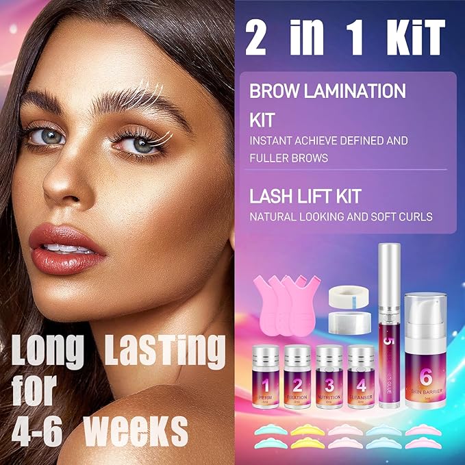 Lash Lift Kit & Brow Lamination Kit 2 IN 1, Semi-Permanent Eyebrow Lamination Kit & Eyelash Perm Kit, Quick Curling Perming with Complete Tools DIY, Salon & Home Use, Lasts for 4-6 Weeks