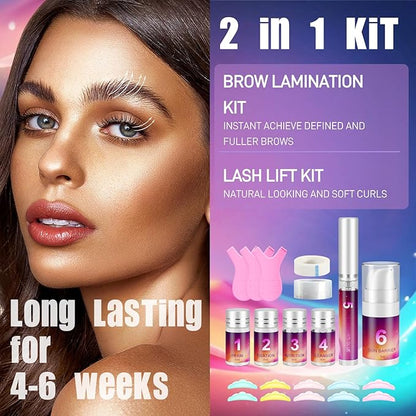 Lash Lift Kit & Brow Lamination Kit 2 IN 1, Semi-Permanent Eyebrow Lamination Kit & Eyelash Perm Kit, Quick Curling Perming with Complete Tools DIY, Salon & Home Use, Lasts for 4-6 Weeks