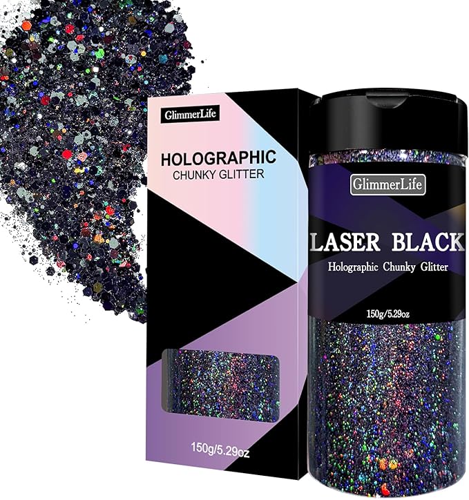 GlimmerLife Black Glitter, 150G/5.29OZ Glitter, Holographic Chunky Glitter, Craft Glitter for Resin, Epoxy Tumblers, Nail Art, Iridescent Metallic Sequin Flakes Bulk, Halloween Decorations