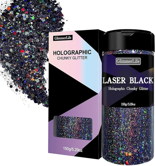 GlimmerLife Black Glitter, 150G/5.29OZ Glitter, Holographic Chunky Glitter, Craft Glitter for Resin, Epoxy Tumblers, Nail Art, Iridescent Metallic Sequin Flakes Bulk, Halloween Decorations