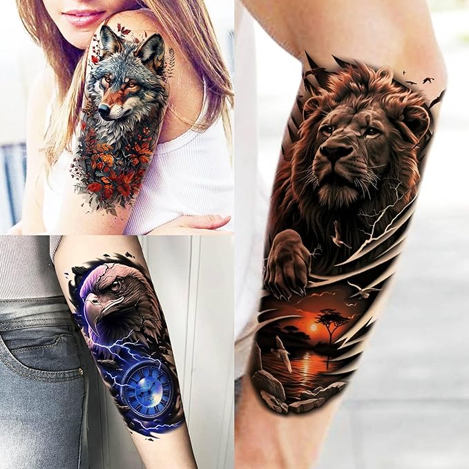 72 Sheets Lion Skull Temporary Tattoos For Men Women, Halloween Half Arm Sleeve Tattoo Stickers Zeus Eagle Tiger Ship, 3D Watercolor Temp Gothic Waterproof Fake Tattoos Adults Flower Skeleton Compass