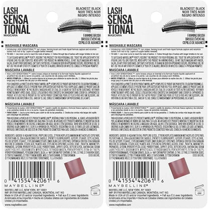 Maybelline Lash Sensational Washable Mascara, Lengthening and Volumizing for a Full Fan Effect, Blackest Black, 2 Count