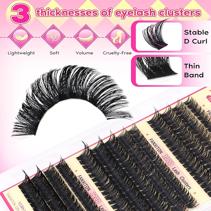 D Lash Clusters Kit Thick Lash Extension Kit Volume Lash Clusters 80D+100D+120D Eyelash Clusters Kit 10-18mm Individual Lashes with Bond and Seal by FANXITON