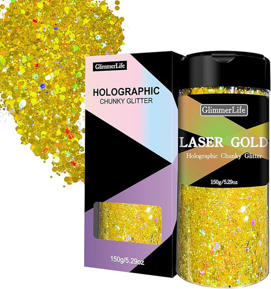 GlimmerLife Gold Chunky Glitter 150G/5.29OZ Glitter, Iridescent Metallic Craft Sequin for Resin, Mixed Holographic Chunky Glitter for Nail Art, Body Makeup, DIY Christmas Decorations