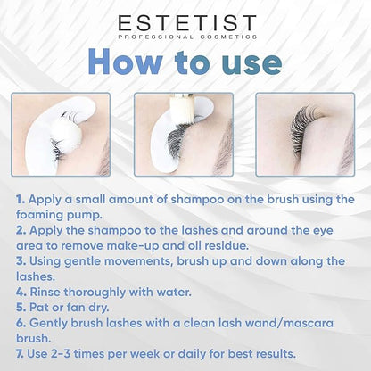 ESTETIST Eyelash Extension Shampoo & Brush - Gentle Aftercare Foaming Lash Cleanser Kit & Makeup Remover - For Home & Salon Use