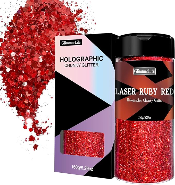 GlimmerLife Red Glitter 150G/5.29OZ, Holographic Chunky Glitter, Craft Glitter for Resin, Metallic Iridescent Glitter, Glitter for Nail, Body, Face, Hair, Christmas Glitter, Halloween Decorations