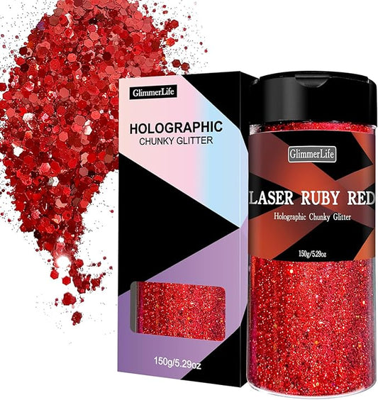 GlimmerLife Red Glitter 150G/5.29OZ, Holographic Chunky Glitter, Craft Glitter for Resin, Metallic Iridescent Glitter, Glitter for Nail, Body, Face, Hair, Christmas Glitter, Halloween Decorations