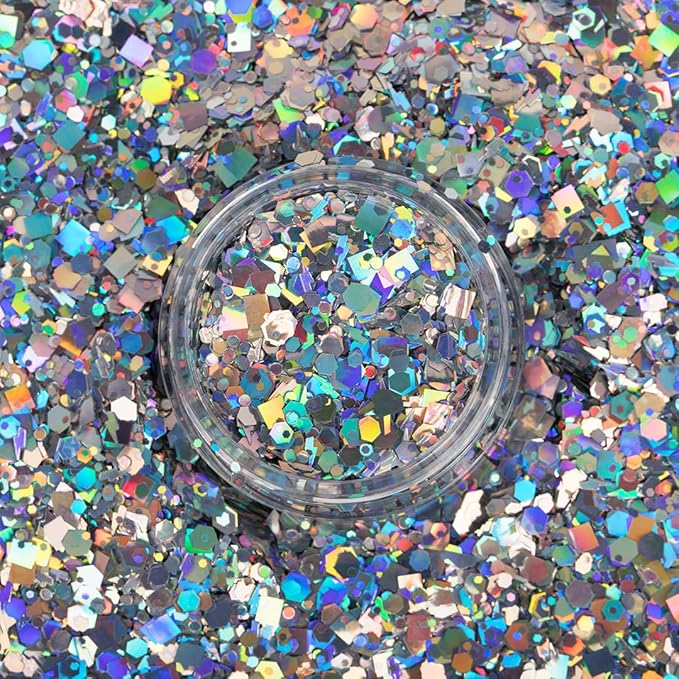 Unicorn Snot Macro Glitter - Face & Body - Cosmetic Grade Large-Particle Loose Glitter - Perfect Make-up for Festivals, Raves - Safe for Face, Easy Application & Removal - Silver (Lunar)