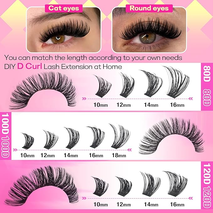 D Lash Clusters Kit Thick Lash Extension Kit Volume Lash Clusters 80D+100D+120D Eyelash Clusters Kit 10-18mm Individual Lashes with Bond and Seal by FANXITON