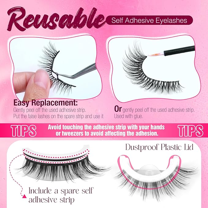 Self Adhesive Lashes Manga Lashes Natural Look Press On Lashes No Glue Needed Reusable Self Adhesive Eyelashes without Eyeliner Clear Band Anime Lashes Short 8-15mm Cat Eye Pre Glued Strip Lashes