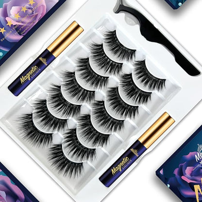 Menaka Magnetic Eyelashes and Eyeliner Kit, Reusable Magnetic Lashes with Eyeliner and Tweezers, 3D Natural Look False Eyelashes, No Glue Needed,Cruelty Free,(7pairs)