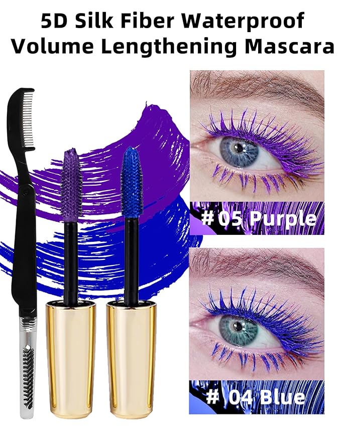 2PCS Blue Purple Waterproof Mascara for Eyelashes, 5D Silk Fiber Liquid Lash Extensions Colored Mascara with Eyelash Comb Brush, Long Lasting Volumizing and Length,Christmas Eye Makeup Gift for Women