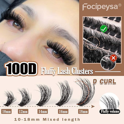 Thick Eyelash Extension Kit Volume Lash Clusters Kit 10-18mm Individual Lashes Clusters 100D DIY Lash Extension Kit 200pcs Clusters Lash with Bond and Remover Lash Applicator by Focipeysa