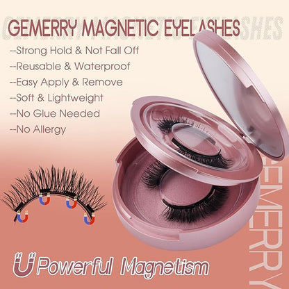 GEMERRY Magnetic Eyelashes 2 Pairs Magnetic Lashes Natural Look Magnetic Eyelashes with Applicator and Mirror No Glue&No Eyeliner Needed False Eyelashes Magnetic Lashes Kit Easy to Use