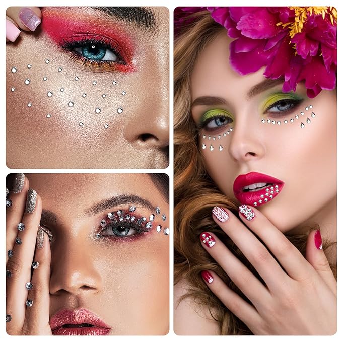 4 Sheets Face Gemstones, Self-Adhesive Face Diamonds Stickers Rhinestones for Makeup Hair Gems Pearl Face Rhinestone Tattoos for Women Girls Face Eyes Nail Hair
