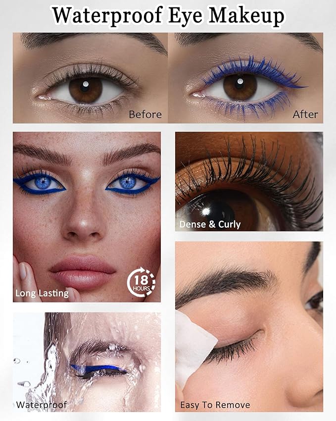 White Waterproof Mascara & Eyeliner, Fiber Lash Extension Colored Tube Mascara Volume and Length, Long Wear Smudge-Proof Voluminzing Colorful Máscara and Liquid Eyeliner Pen Christmas Kit for Women