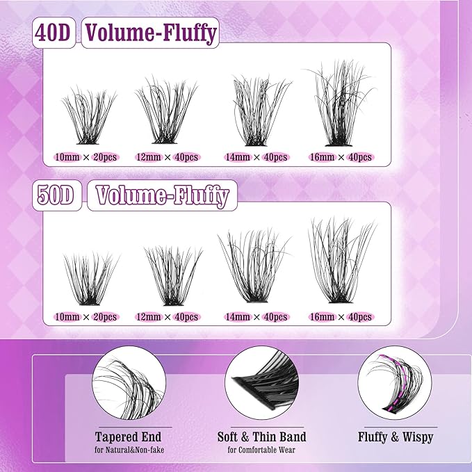 Yawamica Lash Clusters 40D+50D Fluffier Volume Individual Lashes Wispy Eyelash Clusters D Curly Natural Lash Extension 10-16mm Cluster Eyelash Extensions 280pcs for DIY Lash at Home