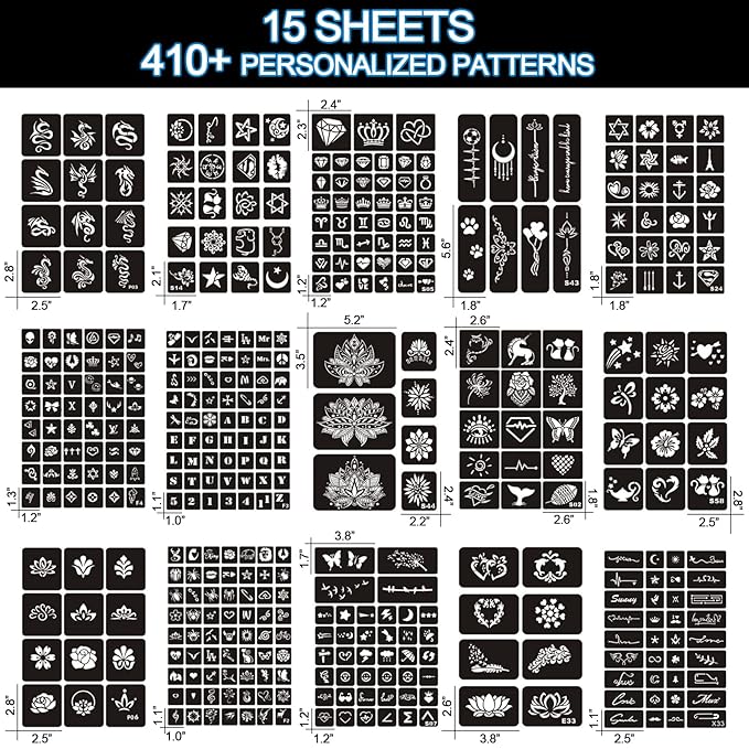 Temporary Tattoo Stencils for Women Girls and Kids, 410+ PCS Henna Tattoo Stencil Kit,Temporary Indian Arabian Glitter Airbrush Tattoo Stencils for Face Body Paint DIY