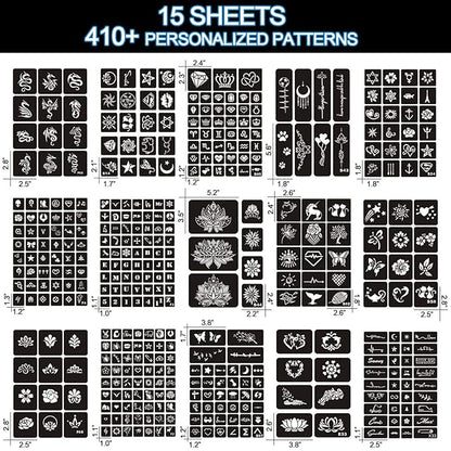 Temporary Tattoo Stencils for Women Girls and Kids, 410+ PCS Henna Tattoo Stencil Kit,Temporary Indian Arabian Glitter Airbrush Tattoo Stencils for Face Body Paint DIY