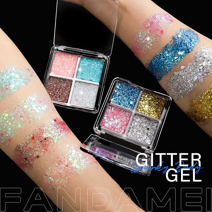 FANDAMEI Face Glitter, Body Glitter for Women, 2 Palette 8 Colors Glitter Gel for Face, Hair Glitter for Kids, Fairy Rave Mermaid Makeup