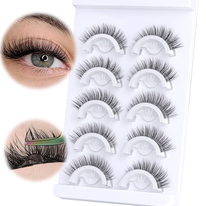 Self Adhesive Eyelashes Short 8-14mm Natural Self Adhesive Lashes No Glue Needed Invisible Band Reusable Press On Lashes without Eyeliner Cat Eye Pre Glued Mink Lashes 5 Pairs False Lashes by YDAGKH