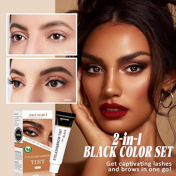Lash Color Kit, Professional Black Eyelash & Eyebrow Color Kit with Natural Extract, Instant Color Lasts Up to 4 Weeks for Salon Home Easy Use, Gift for Women Girl Mom Wife 7ML(Black)