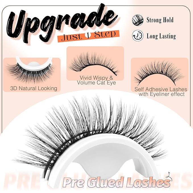 Self Adhesive Eyelashes Short 8-14mm Natural Self Adhesive Lashes No Glue Needed Invisible Band Reusable Press On Lashes without Eyeliner Cat Eye Pre Glued Mink Lashes 5 Pairs False Lashes by YDAGKH