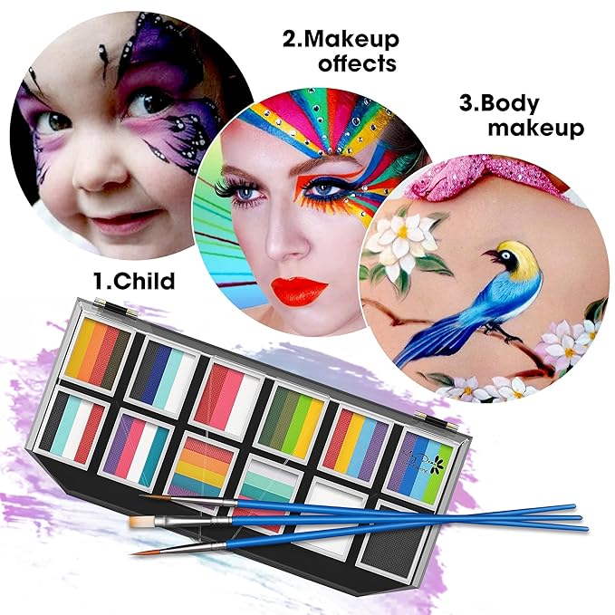 Maydear Face Painting Kit for Kids Adults, 12×10gm Professional Makeup Split Cake Palette, Safe and Non-Toxic Water Based Rainbow Face Body Paint Set with Stencils for Parties, Halloween, Christmas