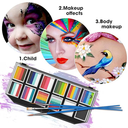 Maydear Face Painting Kit for Kids Adults, 12×10gm Professional Makeup Split Cake Palette, Safe and Non-Toxic Water Based Rainbow Face Body Paint Set with Stencils for Parties, Halloween, Christmas