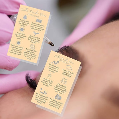 Ombre Powder Brow Aftercare Instructions Cards | Package of 50 | Double Sided Size 2x3.5" inches Business Card | Tan with Silver Glitter Look Design