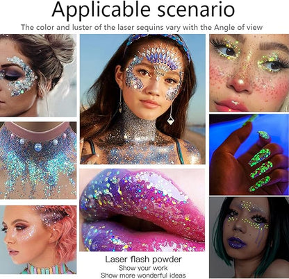 Face Glitter Gel, 2 Jars Holographic Chunky Glitter Makeup for Body, Hair, Face, Nail, Eyeshadow, Long Lasting and Waterproof Mermaid Sequins Liquid Glitter Total 6 Colors Available (Silver & White)