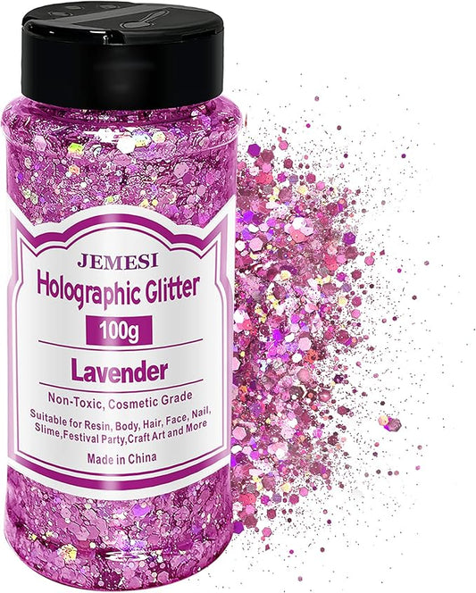 Holographic Chunky Glitter, 100g Lavender Cosmetic Craft Glitter for Epoxy Resin, Nail Sequins Iridescent Flakes, Body, Face, Hair, Nail, Glitter Slime Making