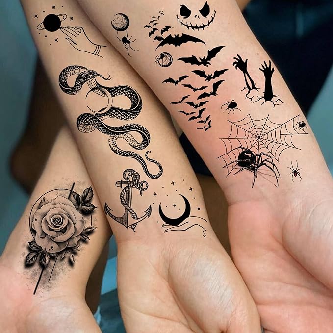 72 Sheets Lion Skull Temporary Tattoos For Men Women, Halloween Half Arm Sleeve Tattoo Stickers Zeus Eagle Tiger Ship, 3D Watercolor Temp Gothic Waterproof Fake Tattoos Adults Flower Skeleton Compass