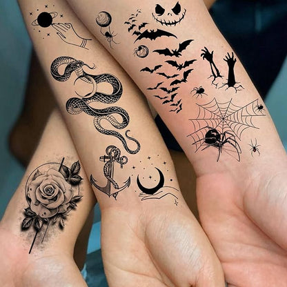 72 Sheets Lion Skull Temporary Tattoos For Men Women, Halloween Half Arm Sleeve Tattoo Stickers Zeus Eagle Tiger Ship, 3D Watercolor Temp Gothic Waterproof Fake Tattoos Adults Flower Skeleton Compass